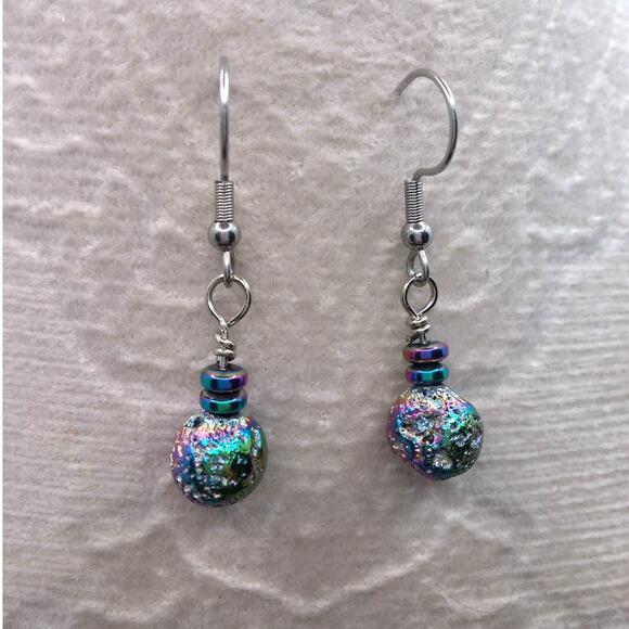 Artisan Iridescent Drop Earrings Electroplated Lava Stone Rainbow Hematite Beads - Picture 1 of 11